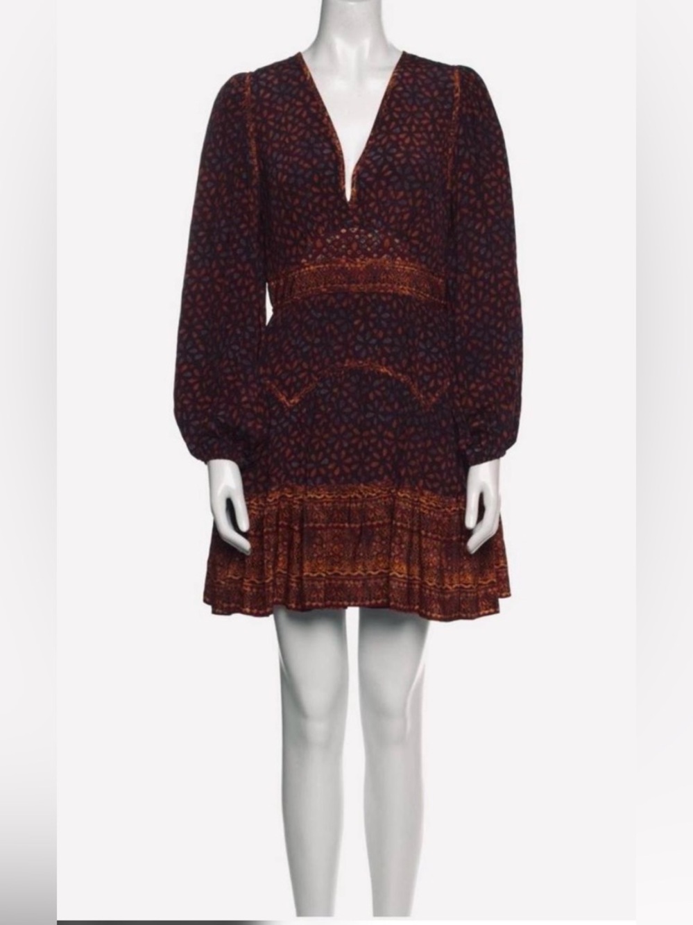 Ulla Johnson Burgundy and Rust Floral V-Neck Mini Dress